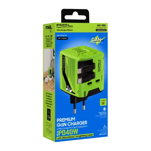 ACL AC-122 Type-C | Lightning Makaralı Kablolu 2 x Type-C Çıkışlı PD 40W GAN Şarj Adaptörü