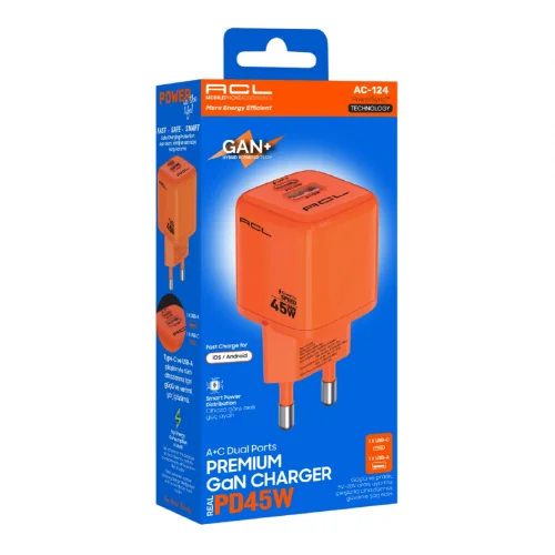 ACL AC-124 GAN 45W PD Çıkışlı Şarj Başlığı | 1x USB-A 1x USB-C