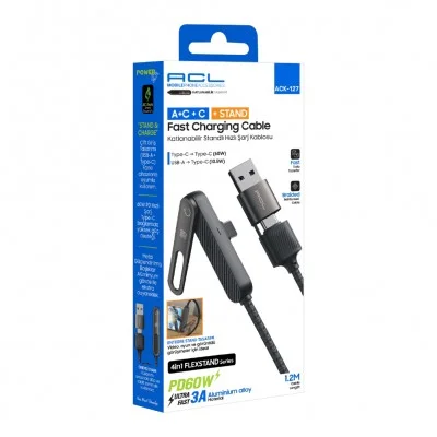 ACL ACK-127 Type-C PD | USB Type-C 3A 60W Örgülü Data Şarj Kablosu | Katlanabilir Stand