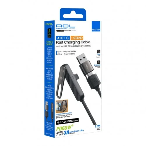 ACL ACK-127 Type-C PD | USB Type-C 3A 60W Örgülü Data Şarj Kablosu | Katlanabilir Stand