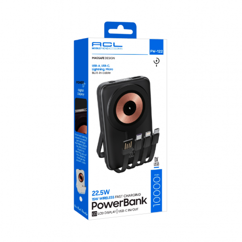ACL Pw-122 10000 Mah 22.5W | Kablosuz Şarj Özellikli Powerbank | LCD Gösterge | 4 Kablolu