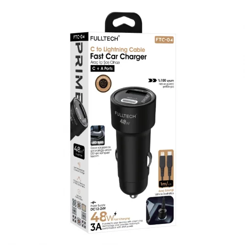 Fulltech FTC-04 PD Lightning Kablolu Led Işıklı 48W 3A Hızlı Araç Şarjı | 18W USB-A Çıkış | 30W USB-C Çıkış