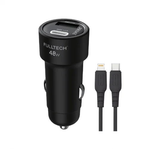 Fulltech FTC-04 PD Lightning Kablolu Led Işıklı 48W 3A Hızlı Araç Şarjı | 18W USB-A Çıkış | 30W USB-C Çıkış