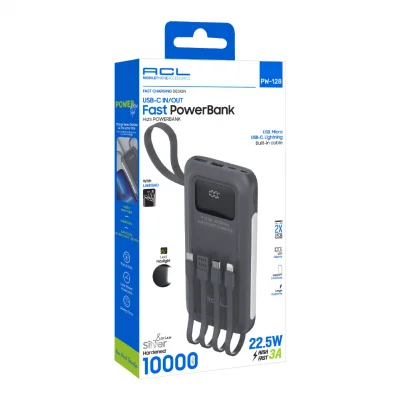 Acl PW-128 10000 Mah 22.5W 3A Powerbank | LCD Göstergeli | 4 Kablolu | Işıldaklı