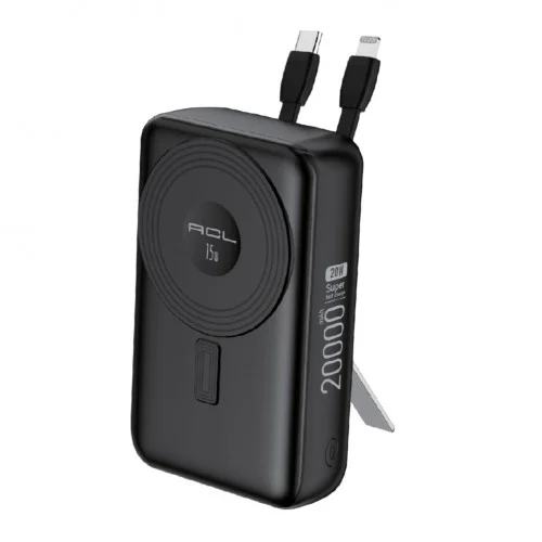 ACL PW-148 20000 mAh 15W Kablosuz Şarj Özellikli | 22.5W 3A Type-C | Lightning Kablolu Metal Standlı Powerbank