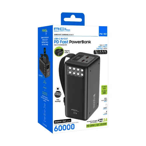 Acl PW-151 60000 Mah 20W PD | QC 22.5W Powerbank | Kamp Işığı | Dahili Kablo | LCD Gösterge