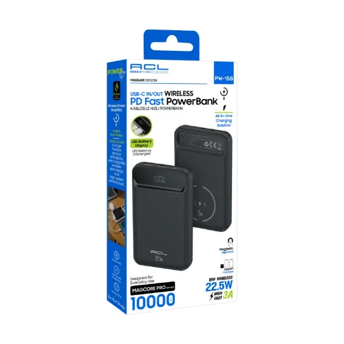 ACL PW-158 10000 mAh 22.5W LCD Göstergeli | 15W Kablosuz Powerbank
