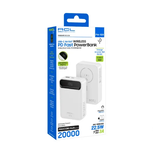 ACL PW-159 20000 mAh 22.5W 3A LCD Göstergeli | 15W Kablosuz Şarj Özellikli Powerbank