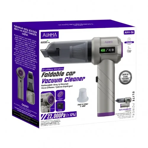 Auhma AHV-06 Şarjlı Katlanabilir 3 Kademeli Araç ve Ev Süpürgesi | Toz Toplayıcı | 22000PA
