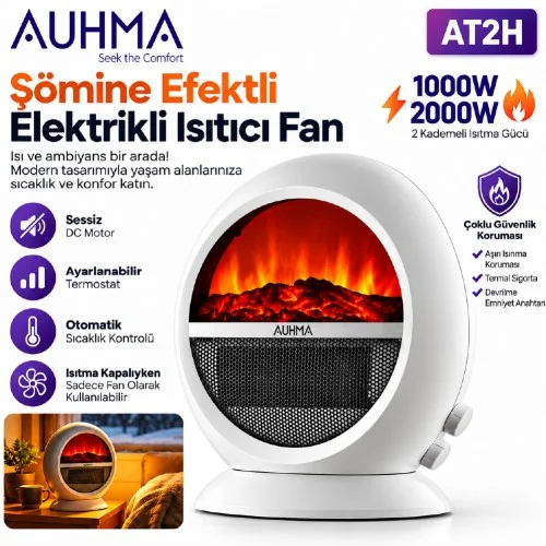 Auhma AT2H Şömine Efektli Elektrikli Isıtıcı | 2000W | Ayarlanabilir Termostat | Aşırı Isınma Koruması