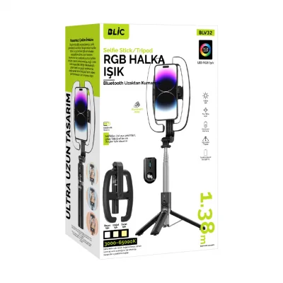 Blic BLV32 Kumandalı Halka Led Selfie Işığı | 3 Ton Beyaz | RGB | 138cm Tripod