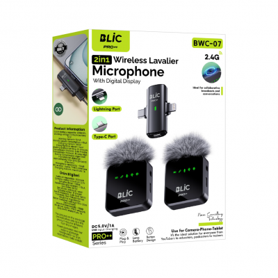 Blic BWC-07 Type-C | Lightning Girişli LCD Göstergeli 2.4G Kablosuz İkili Yaka Mikrofonu