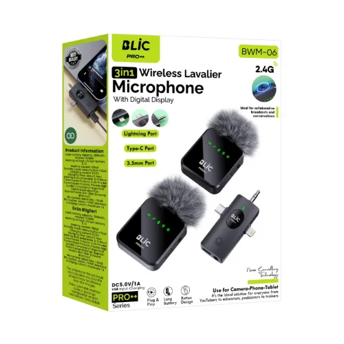 Blic BWM-06 Type-C | Lightning | Aux Girişli LCD Göstergeli 2.4G Kablosuz İkili Yaka Mikrofonu