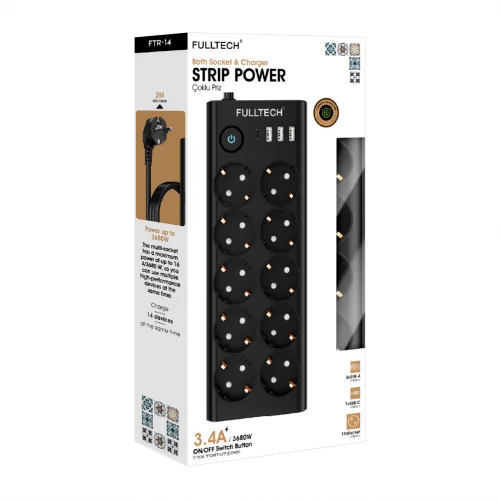 Fulltech FTR-14 Termal Akım Korumalı Priz | 10xPriz 3xUSB 1xPD | 2m Kablo