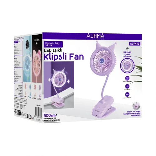 Auhma AUFN13 Şarjlı 3 Kademeli Led Işıklı Mini Fan | 500mAh | Clip On Sabitleyici