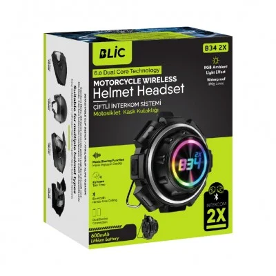Blic B34 2X Kask Kulaklığı Intercom Sistemi | 2 Eşleşmeli | RGB Işık | IP65 Su ve Toz Geçirmez