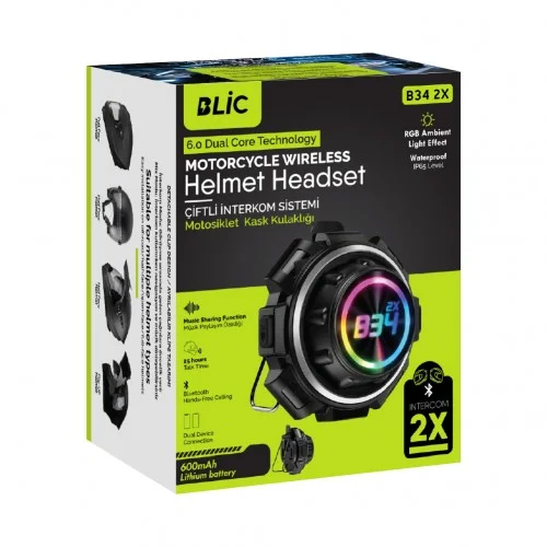 Blic B34 2X Kask Kulaklığı Intercom Sistemi | 2 Eşleşmeli | RGB Işık | IP65 Su ve Toz Geçirmez