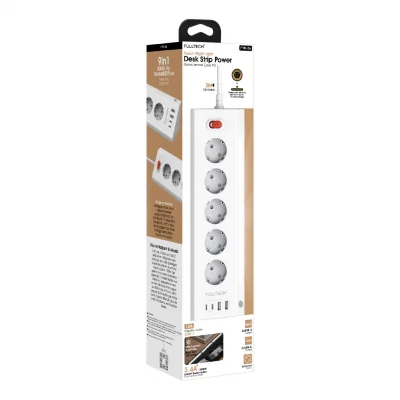Fulltech FTR-26 Gece Lambalı Termal Akım Korumalı Priz | 5xPriz 2xUSB 2xPD | 2m Kablo