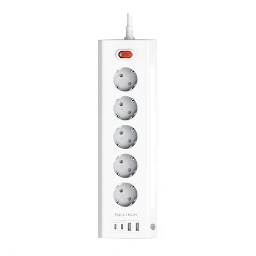 Fulltech FTR-26 Gece Lambalı Termal Akım Korumalı Priz | 5xPriz 2xUSB 2xPD | 2m Kablo