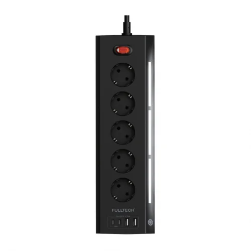 Fulltech FTR-26 Gece Lambalı Termal Akım Korumalı Priz | 5xPriz 2xUSB 2xPD | 2m Kablo