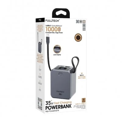 Fulltech FP32 10000 mAh 35W Hızlı Powerbank | LCD Ekran | Makaralı Type-C Kablo