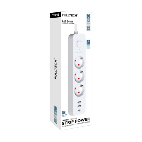 Fulltech FTR16 Termal Akım Korumalı 3lü Priz | 2x Usb 1x Type-C