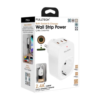 Fulltech FTR24 16 Amper Akım Koruma Prizi | 1x AC Priz | 1x USB  2x Type-C