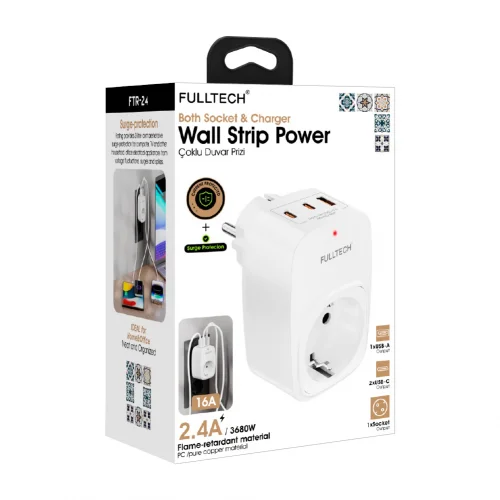 Fulltech FTR24 16 Amper Akım Koruma Prizi | 1x AC Priz | 1x USB  2x Type-C