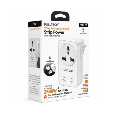 Fulltech FTR27 10 Amper 2500 Watt Akım Koruma Prizi | 1x AC Priz | 1x USB  1x Type-C | 750 Derece Isıya Dayanıklı