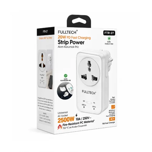 Fulltech FTR27 10 Amper 2500 Watt Akım Koruma Prizi | 1x AC Priz | 1x USB  1x Type-C | 750 Derece Isıya Dayanıklı