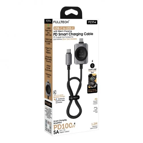 Fulltech FC174 Çok Fonksiyonlu Type-C Örgü Şarj Kablosu | 2.5W Akıllı Saat Şarjı | PD 100W 5A