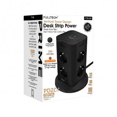 Fulltech FTR-29 Power Tower | Çoklu Priz Kulesi | 8xPriz | 2xUSB-A | 2xUSB-C | 2m Kablo