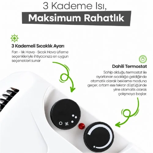Jopus 2000W Elektrikli Fanlı Yatay ve Dikey Isıtıcı | Termostatlı | 3 Kademe | 25 m² Alan Kapasitesi