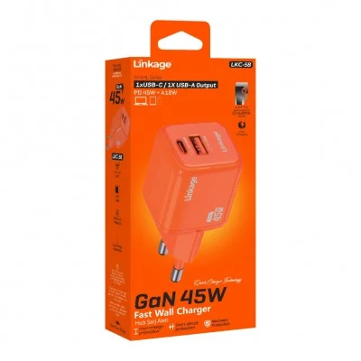 Linkage LKC-58 GAN 45W PD Çıkışlı Şarj Başlığı | 1 x USB-A | 1 x USB-C