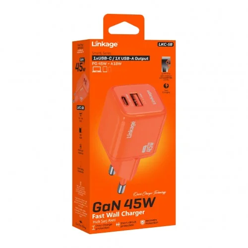 Linkage LKC-58 GAN 45W PD Çıkışlı Şarj Başlığı | 1 x USB-A | 1 x USB-C