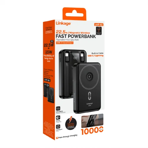 Linkage LKP62 10000 Mah 22.5W Type-C ve Lightning Kablolu Powerbank | LCD Gösterge | Magsafe Uyumlu