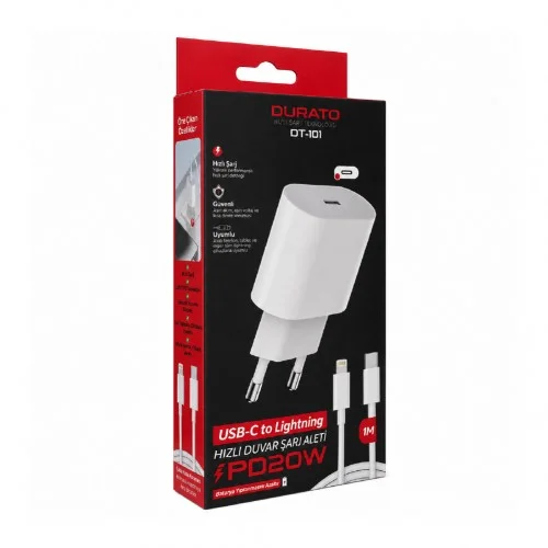 Durato DT-101 Type-C Çıkışlı | Lightning Kablolu 20W Pd Ev Şarj Aleti