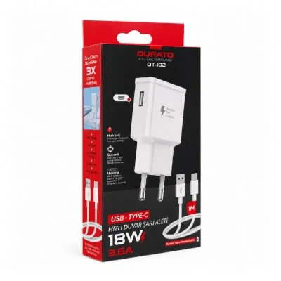 Durato DT-102 USB Çıkışlı | Type-C Kablolu 18W 3.6A Ev Şarj Aleti