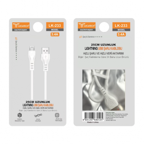 Lucatech LK-233 3.4 Amper 25cm Lightning Şarj Kablosu | Poşetli