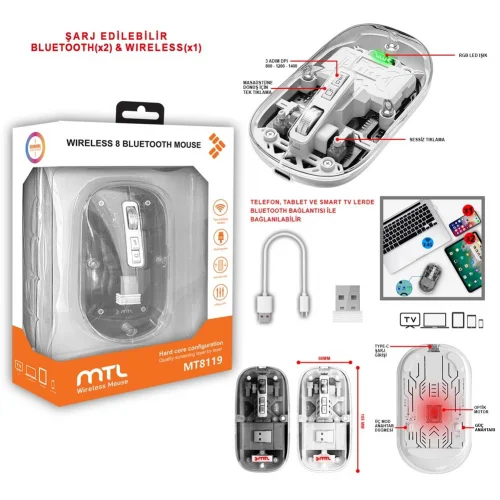 MTL MT8119 Şarjlı Kablosuz Şeffaf Mouse | WiFi | Bluetooth