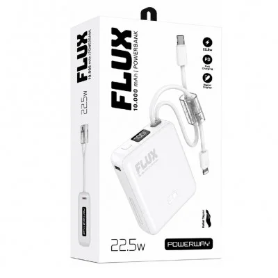 Powerway Flux 10000 mAh 22.5W Mini Powerbank | LCD Gösterge | Lightning ve Type-C Kablolu