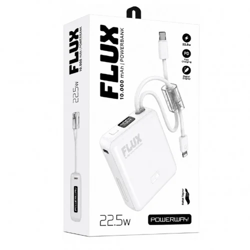 Powerway Flux 10000 mAh 22.5W Mini Powerbank | LCD Gösterge | Lightning ve Type-C Kablolu