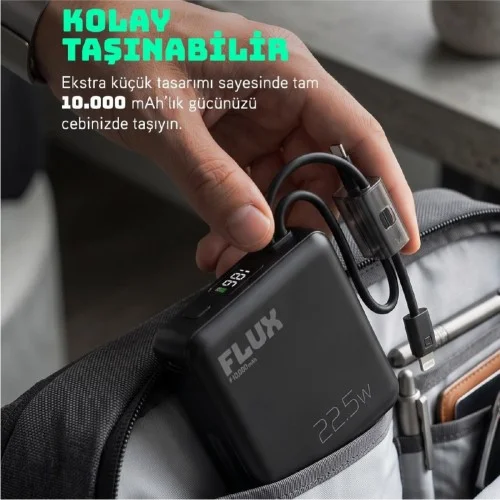Powerway Flux 10000 mAh 22.5W Mini Powerbank | LCD Gösterge | Lightning ve Type-C Kablolu