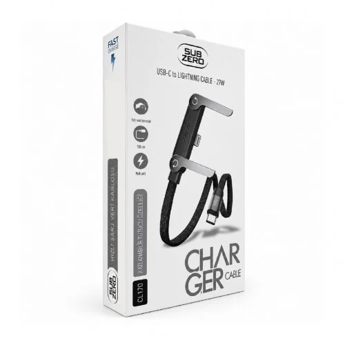 Subzero CL170 Type-C to Lightning 27W Örgülü Yassı Data Şarj Kablosu | Katlanabilir Stand