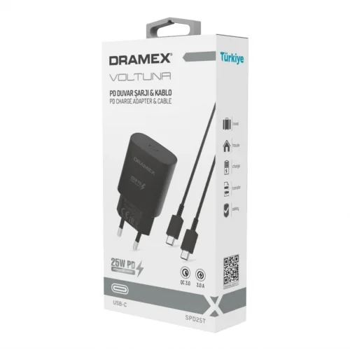 Dramex SPD25T Type-C Başlık Giriş | Type-C Kablolu 25W 3.0 Amper PD Ev Şarj Aleti