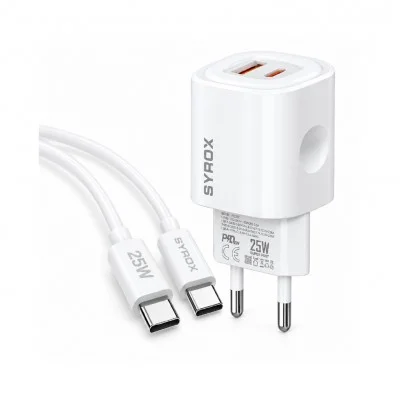 Syrox PQ25T Type-C & USB Çift Çıkışlı | Type-C Kablolu 25W PD Ev Şarj Aleti