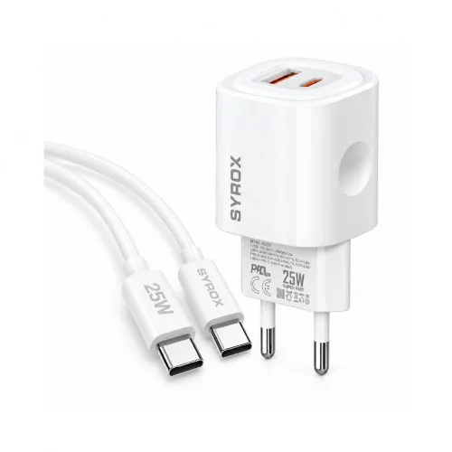 Syrox PQ25T Type-C & USB Çift Çıkışlı | Type-C Kablolu 25W PD Ev Şarj Aleti