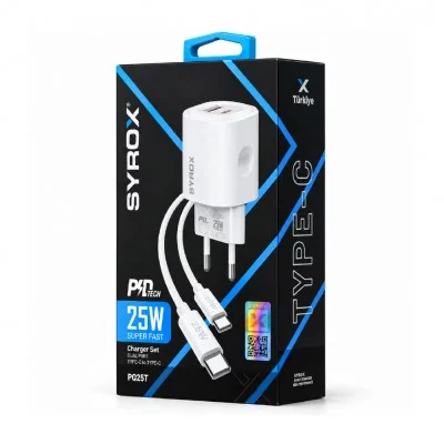 Syrox PQ25T Type-C & USB Çift Çıkışlı | Type-C Kablolu 25W PD Ev Şarj Aleti