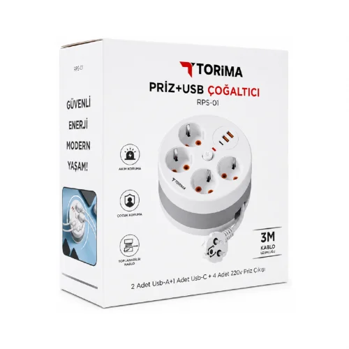 Torima RPS-01 Termal Akım Korumalı Priz | 4xPriz  2xUSB-A  1xUSB-C | 3 Metre Makaralı Uzatma Kablosu