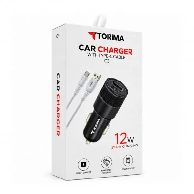 Torima C3 12W Çift Usb Çıkışlı Araç Şarjı | USB Type-C Kablo